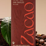 Zacao 70% Cacao Dark Chocolate bar, organic plant-based, 80g. Finest Ghanaian cocoa, coconut sugar. Crisp texture, velvety melt. Rich cocoa flavor with vanilla, nut, caramel notes