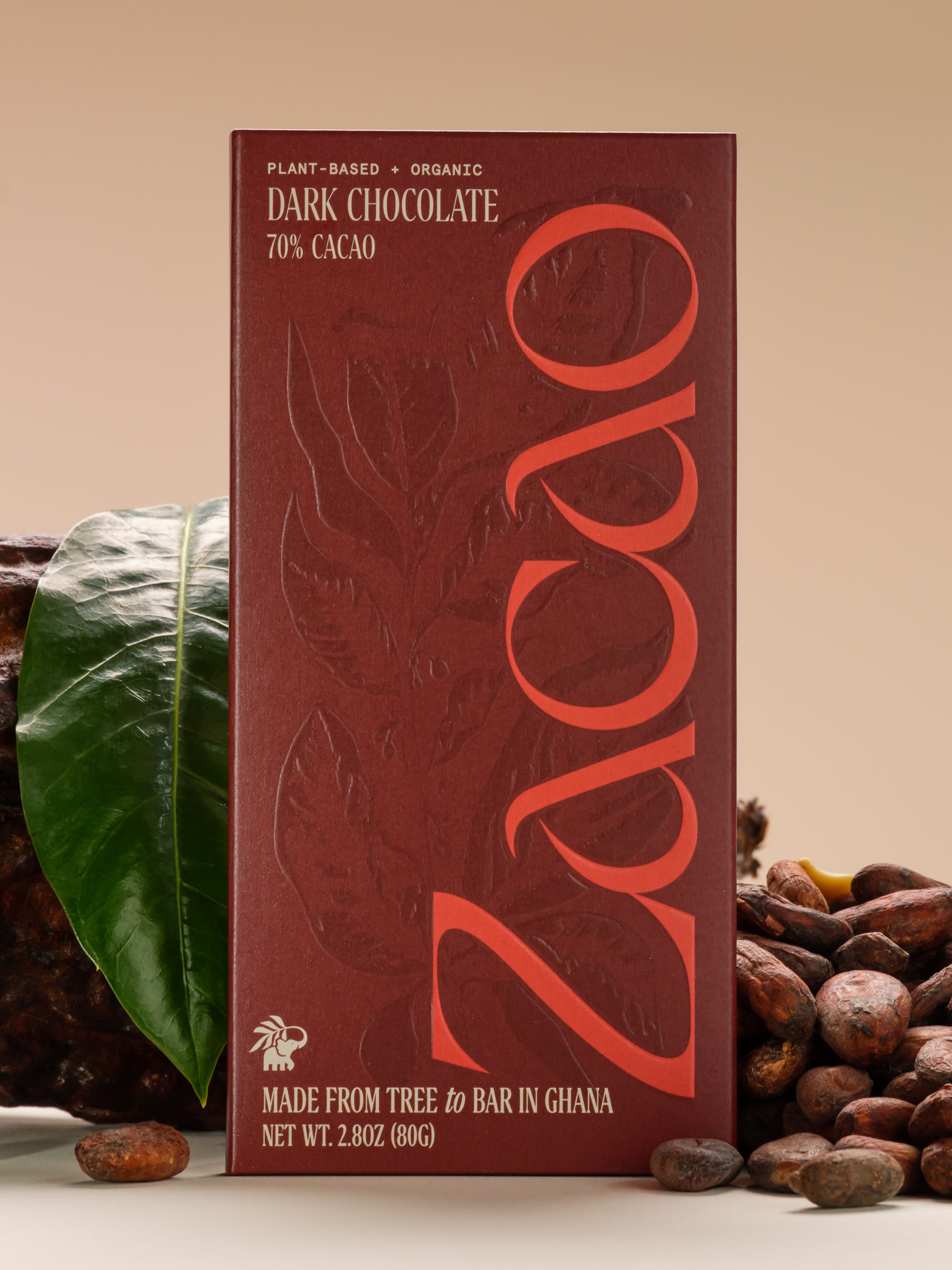Zacao 70% Cacao Dark Chocolate bar, organic plant-based, 80g. Finest Ghanaian cocoa, coconut sugar. Crisp texture, velvety melt. Rich cocoa flavor with vanilla, nut, caramel notes