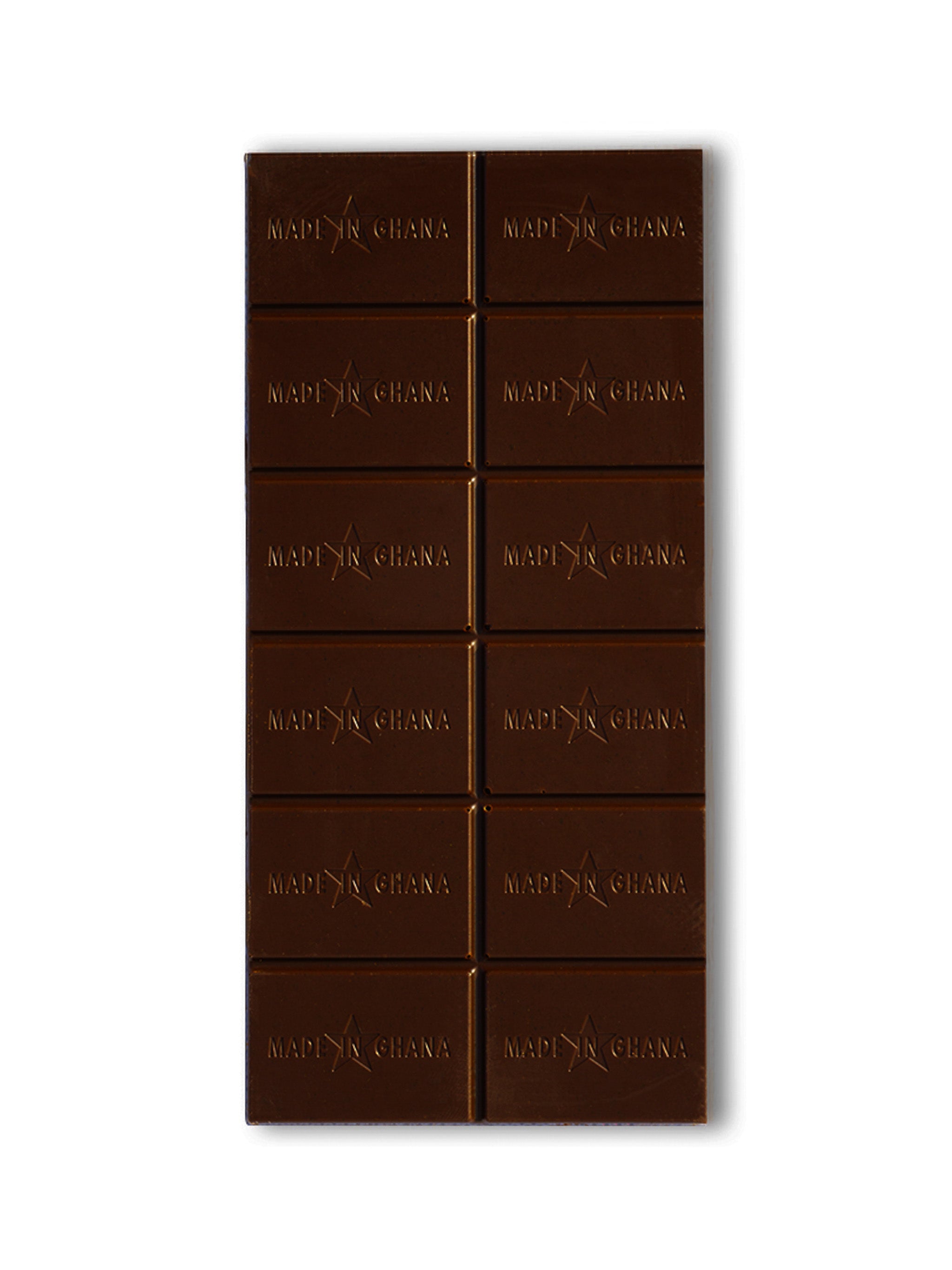 Unwrapped Zacao 70% Dark Chocolate bar, rectangular shape with embossed logo and segmented squares.