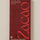 Zacao 70% Cacao Dark Chocolate bar, organic plant-based, 80g. Finest Ghanaian cocoa, coconut sugar. Crisp texture, velvety melt. Rich cocoa flavor with vanilla, nut, caramel notes