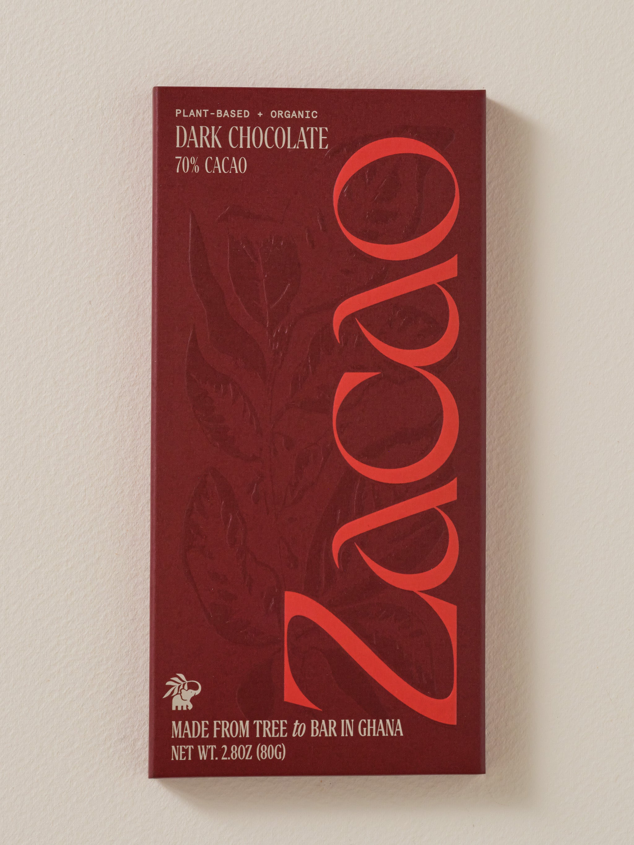 Zacao 70% Cacao Dark Chocolate bar, organic plant-based, 80g. Finest Ghanaian cocoa, coconut sugar. Crisp texture, velvety melt. Rich cocoa flavor with vanilla, nut, caramel notes