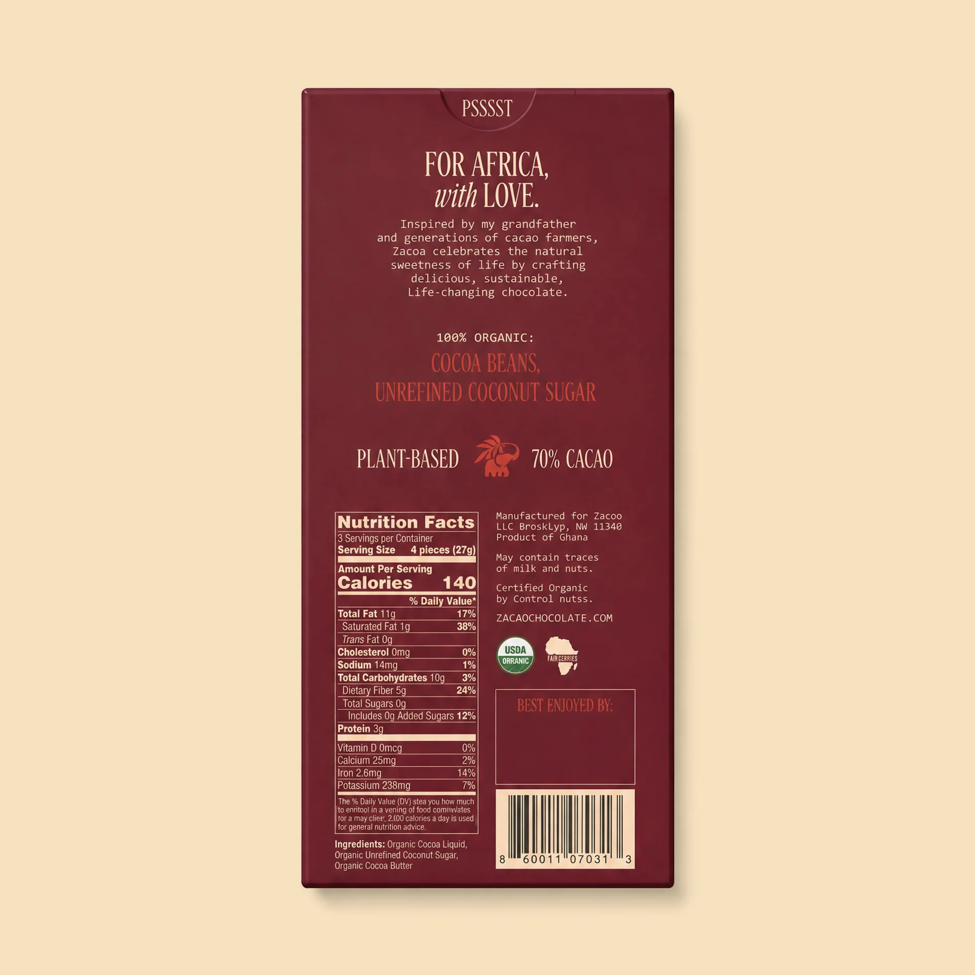 70% Cacao Dark Chocolate bar, back
