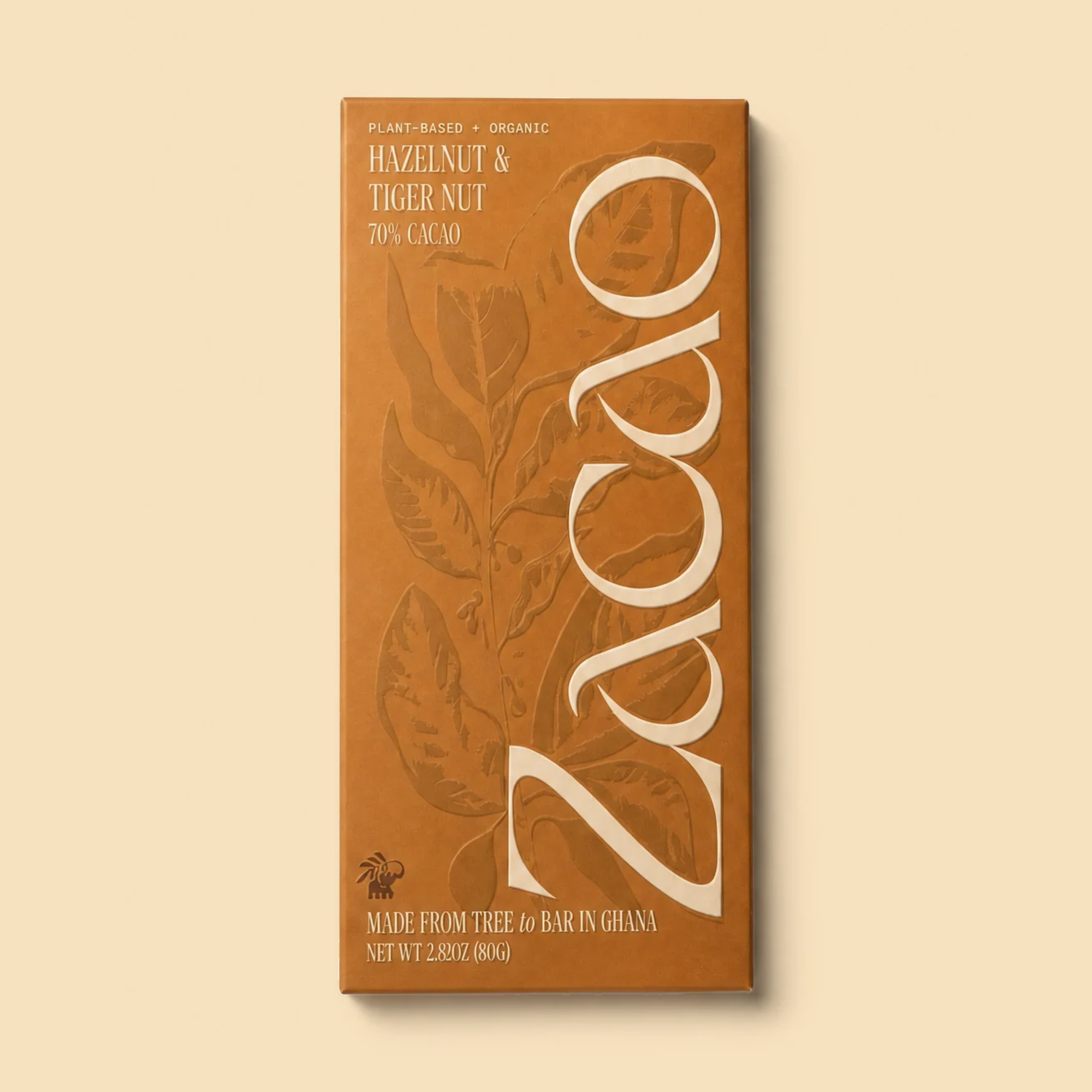 70% Cacao Hazelnut & Tiger Nut Dark Chocolate bar, front