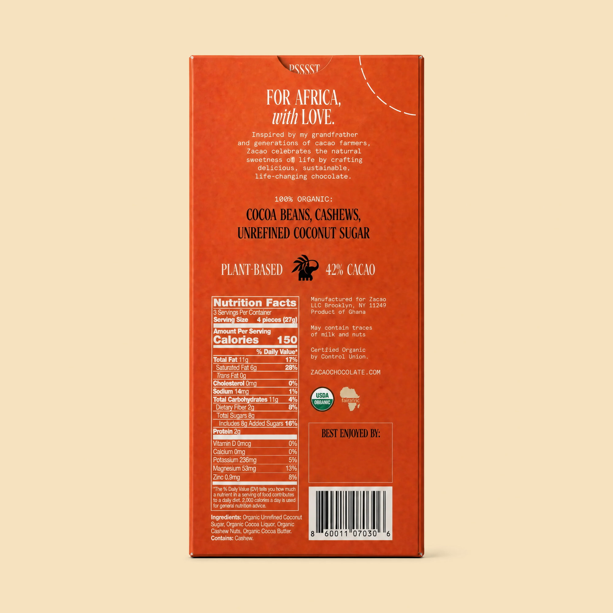 42% Cacao Mylk Chocolate bar, back