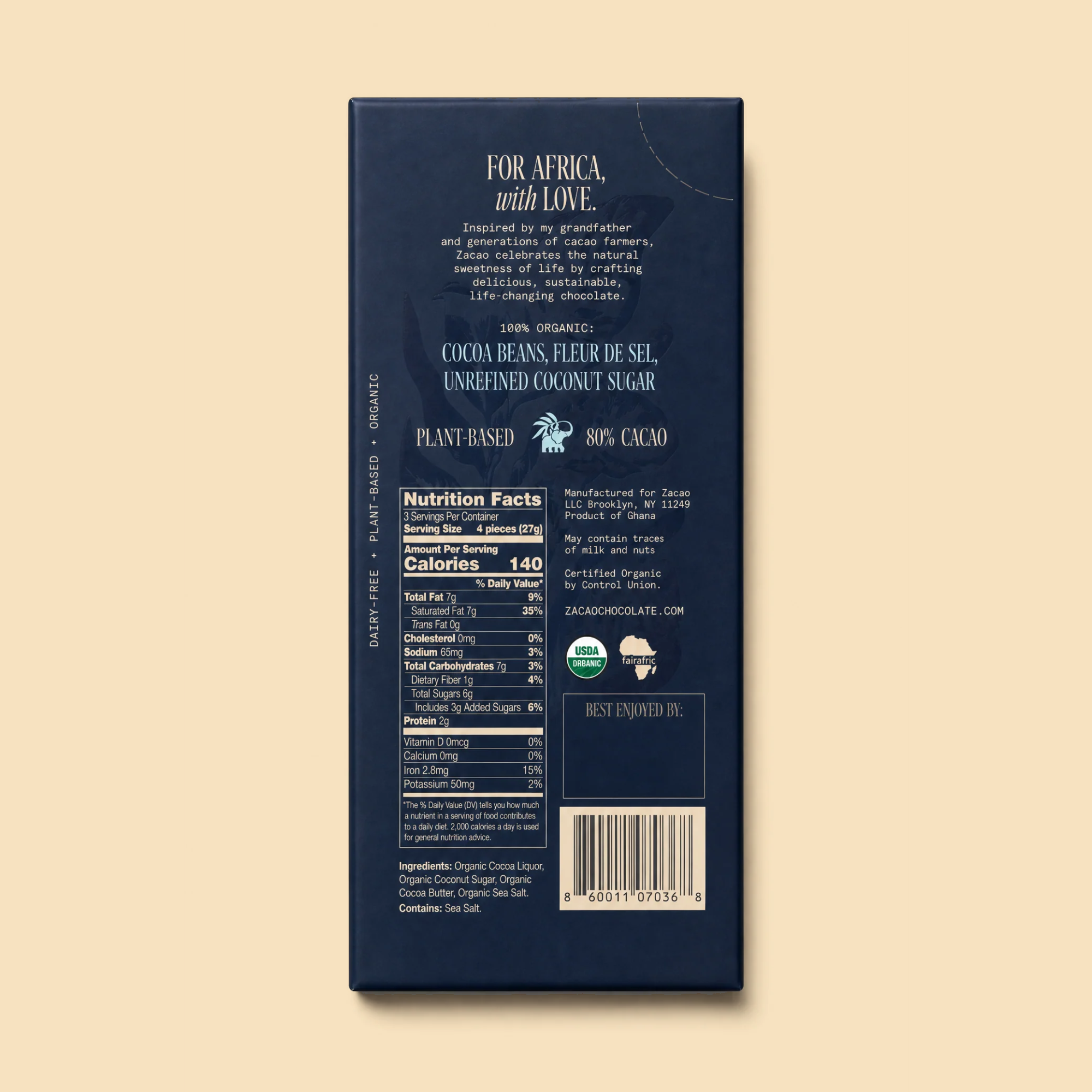 80% Cacao Sea Salt Dark Chocolate bar, back