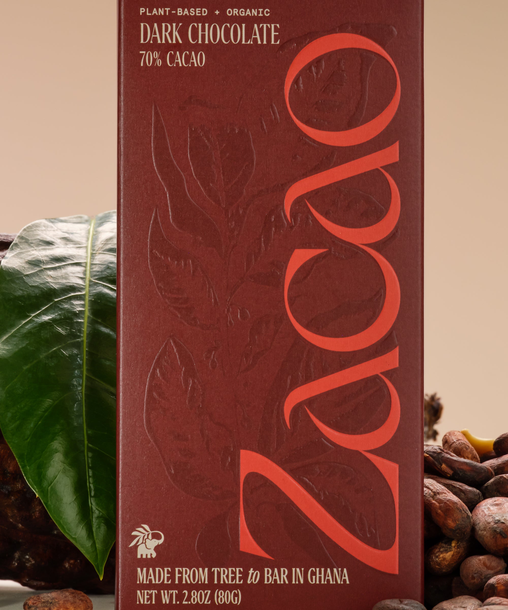 Zacao 70% Cacao Dark Chocolate bar, organic plant-based, 80g. Finest Ghanaian cocoa, coconut sugar. Crisp texture, velvety melt. Rich cocoa flavor with vanilla, nut, caramel notes