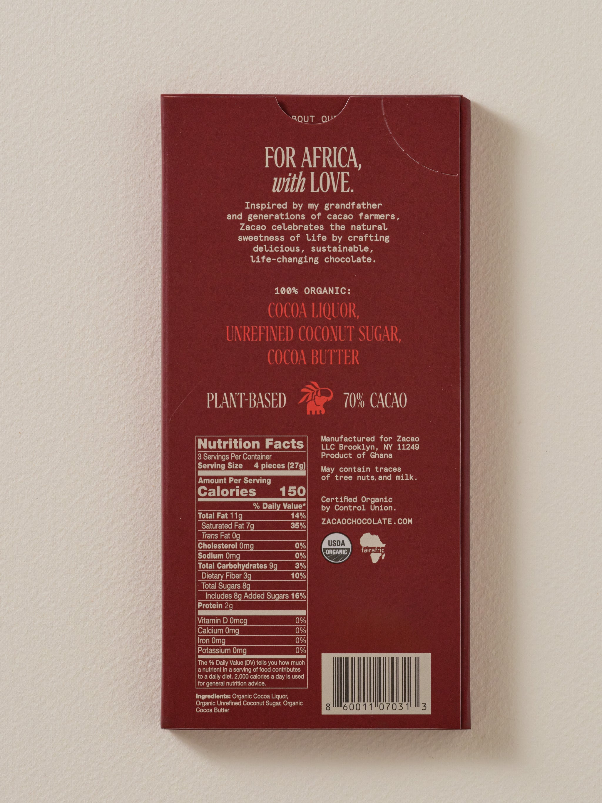 Back of Zacao 70% Dark Chocolate bar, showing ingredients list, nutrition facts, and ethical sourcing information.