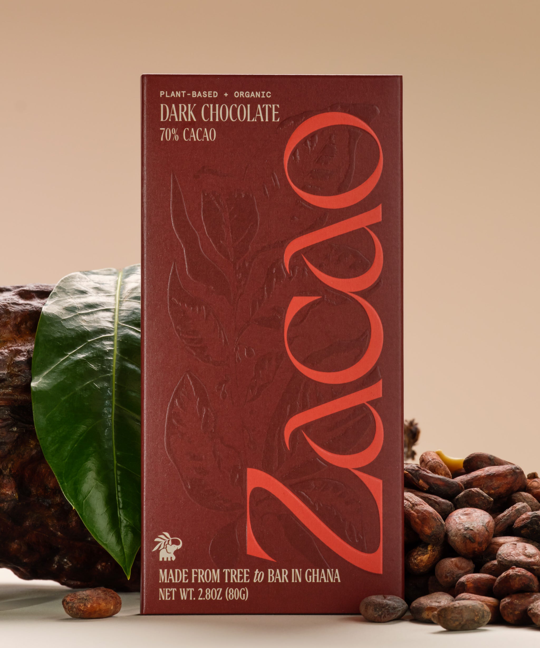 Zacao 70% Cacao Dark Chocolate bar, organic plant-based, 80g. Finest Ghanaian cocoa, coconut sugar. Crisp texture, velvety melt. Rich cocoa flavor with vanilla, nut, caramel notes