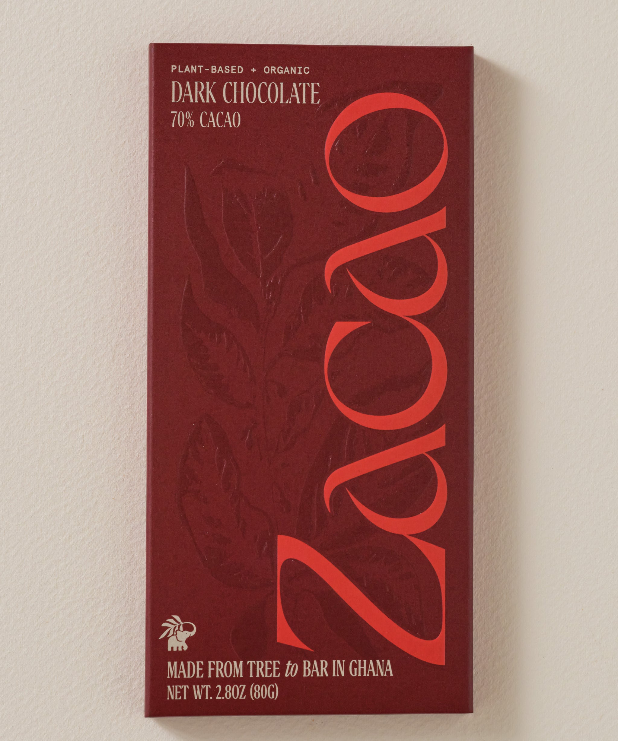 Zacao 70% Cacao Dark Chocolate bar, organic plant-based, 80g. Finest Ghanaian cocoa, coconut sugar. Crisp texture, velvety melt. Rich cocoa flavor with vanilla, nut, caramel notes